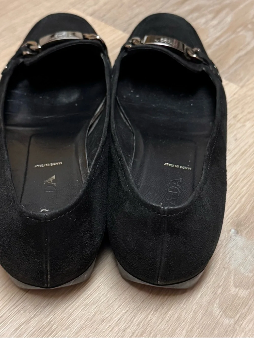 Prada Black Suede Leather Loafer Flats Size 37 US 7 Silver Hardware - Picture 8 of 16